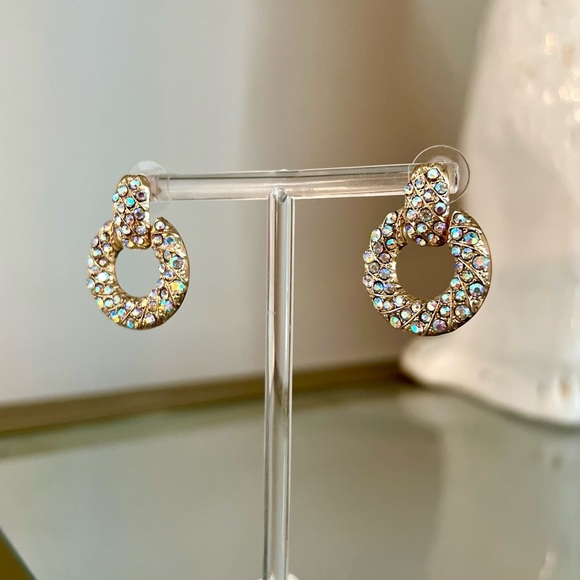 Small Round Gold Knocker Style AB Crystal Earrings Post - Picture 1 of 2